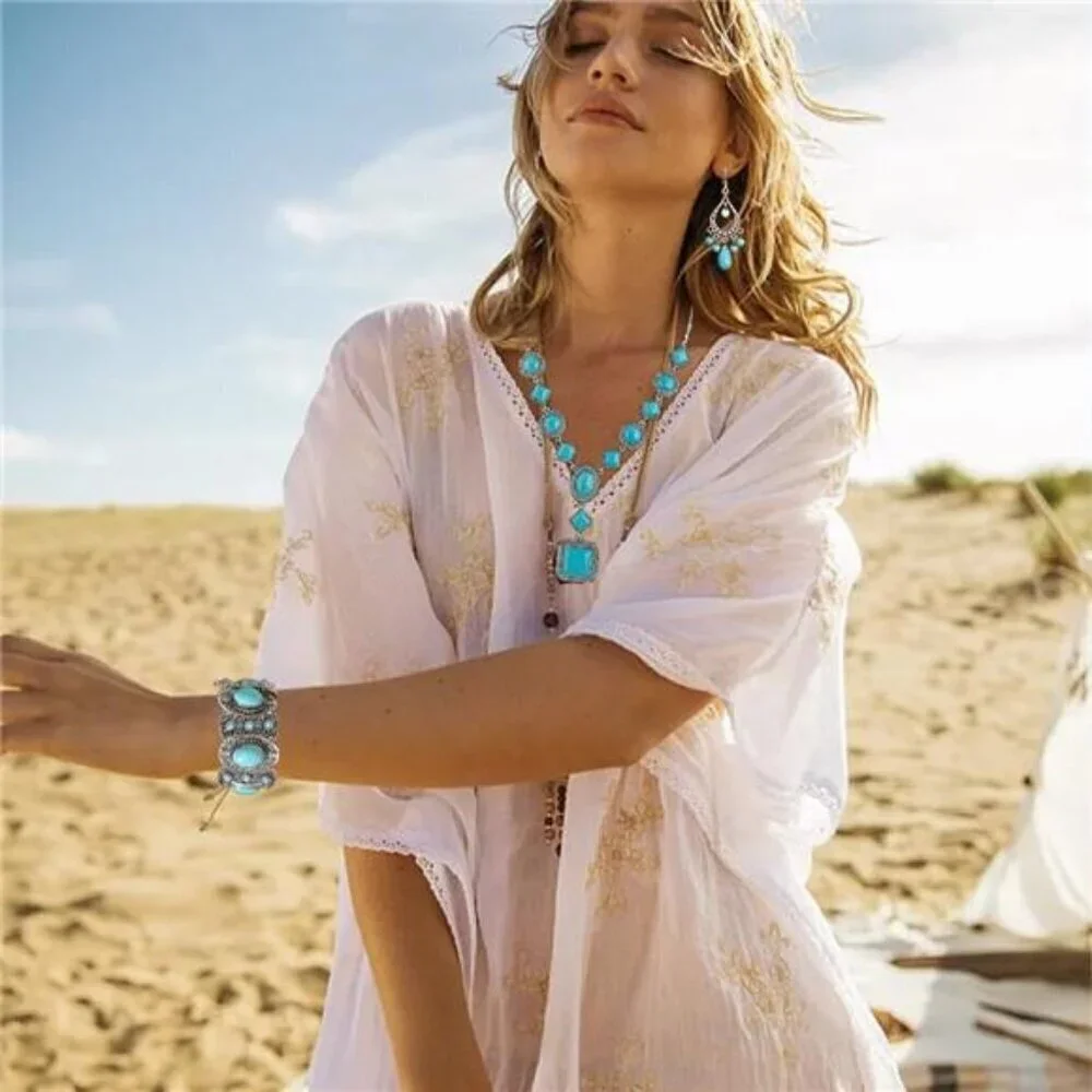Bohemian Turquoise Necklace Set - Women's Cowgirl Chic Jewelry Set Turquoise